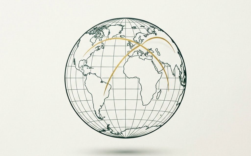 A wireframe globe with gold arcs between continents