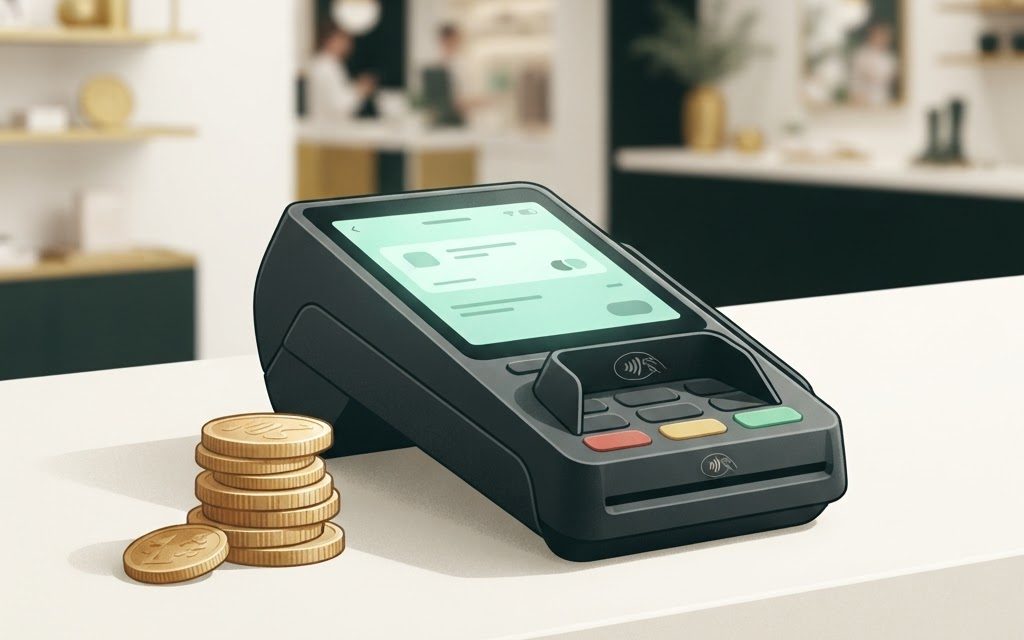A card terminal on a counter with coins beside it