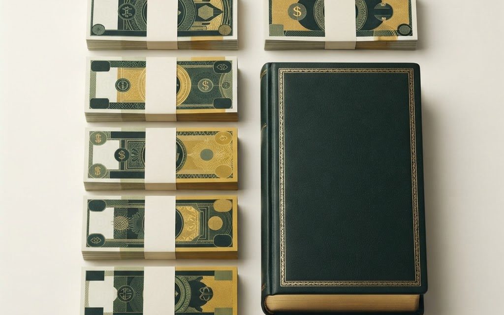 Bundled banknotes and a green ledger on a desk